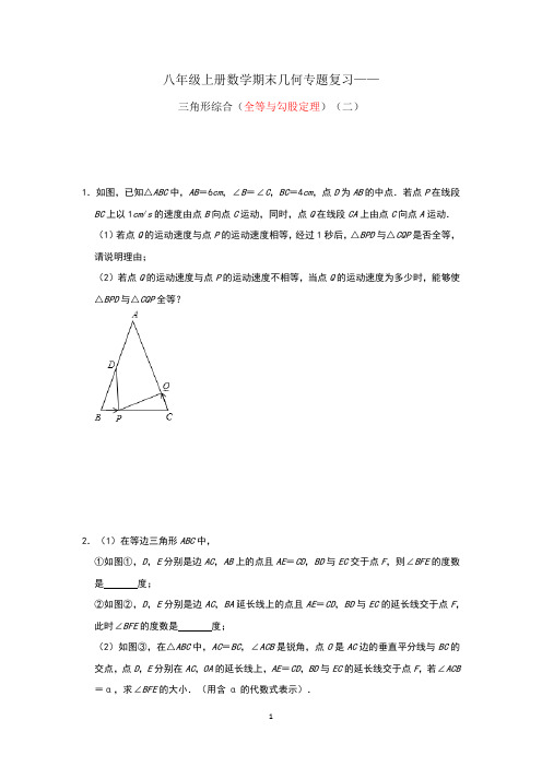 苏科版数学八年级上册数学期末几何专题复习——三角形综合(全等与勾股定理)(二)