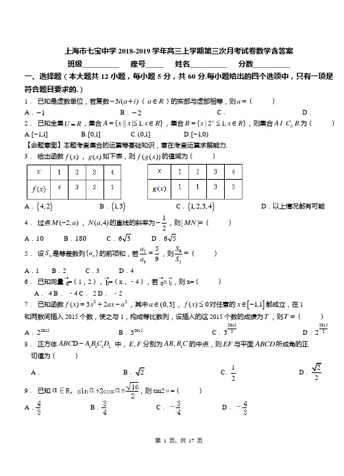 上海市七宝中学2018-2019学年高三上学期第三次月考试卷数学含答案