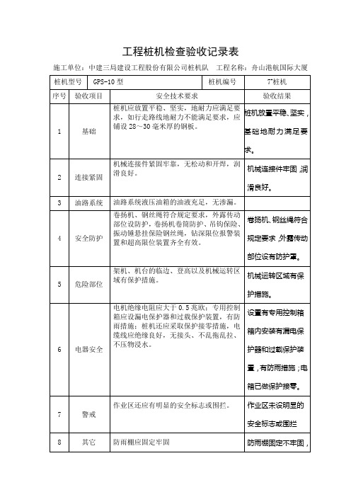 工程桩机检查验收记录表