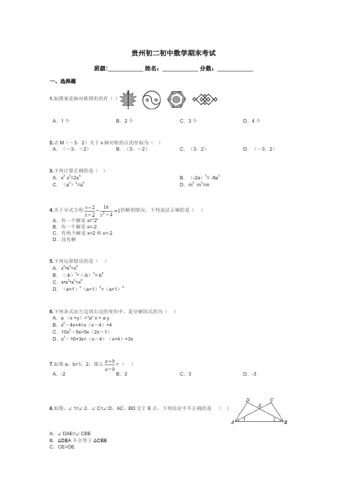 贵州初二初中数学期末考试带答案解析
