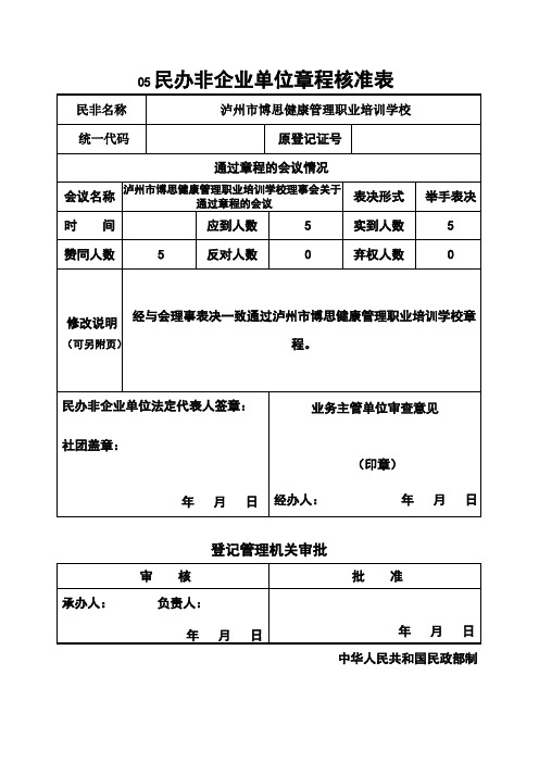 民办非企业单位章程核准表