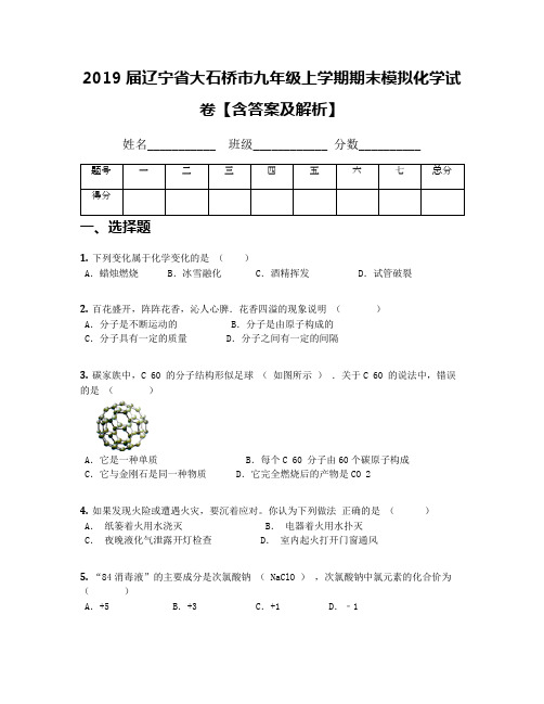 2019届辽宁省大石桥市九年级上学期期末模拟化学试卷【含答案及解析】