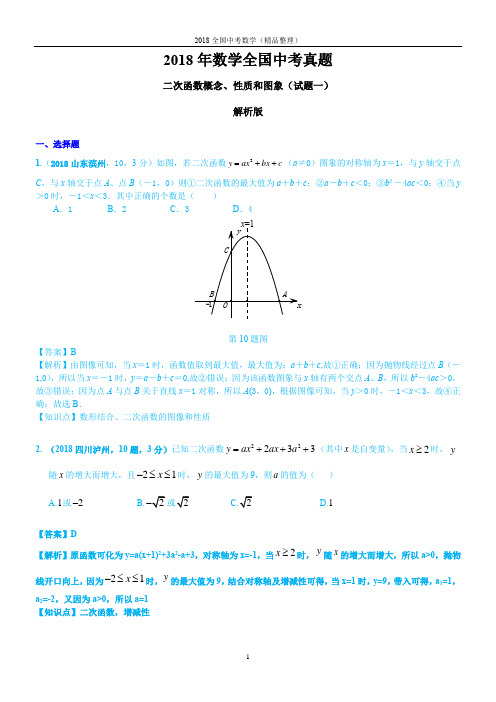 二次函数概念、性质和图象(解析版)数学2018全国中考真题-1