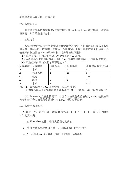 数学建模实验项目四 证券投资