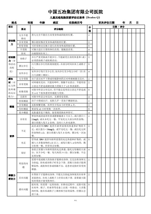 儿童压疮评估表