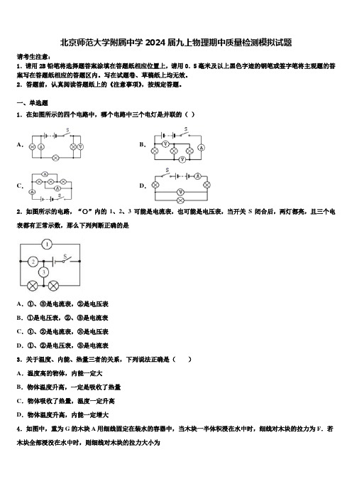 北京师范大学附属中学2024届九上物理期中质量检测模拟试题含解析