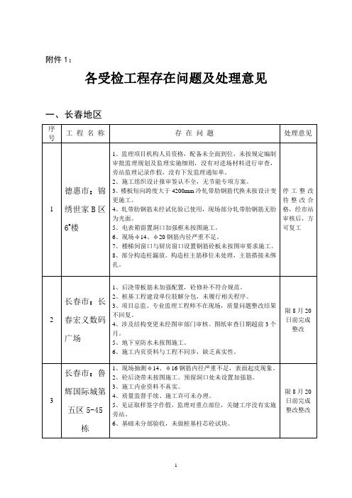 受检工程存在问题及处理意见