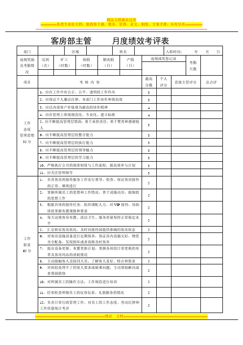 酒店客房主管月度绩效考核表