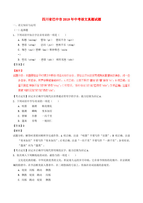 【2019年中考真题模拟】四川省巴中市2019年中考语文真题试题(含解析)