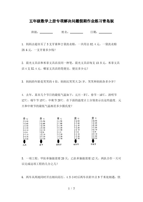 五年级数学上册专项解决问题假期作业练习青岛版