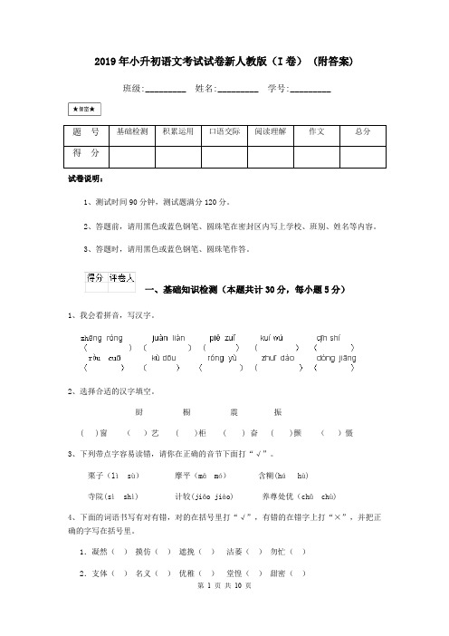 2019年小升初语文考试试卷新人教版(I卷) (附答案)