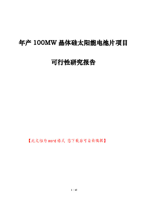 年产100MW晶体硅太阳能电池片项目可行性研究报告