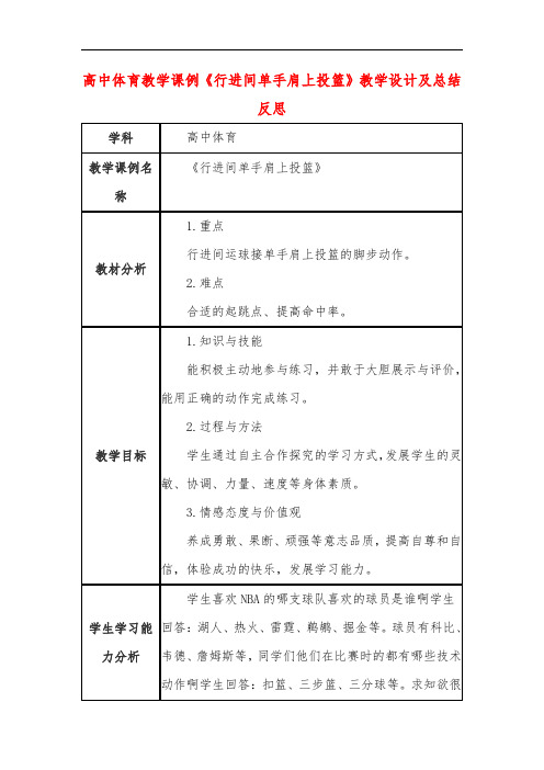 高中体育教学课例《行进间单手肩上投篮》课程思政核心素养教学设计及总结反思