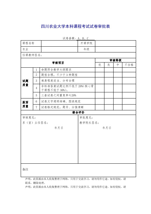 四川农业大学本科课程考试试卷审批表