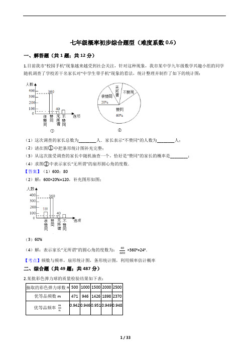 鲁教版七年级概率初步-利用频率估算概率-综合题型练习50题及参考答案(难度系数0.6)