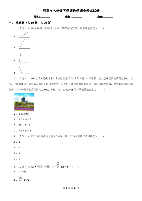 酒泉市七年级下学期数学期中考试试卷