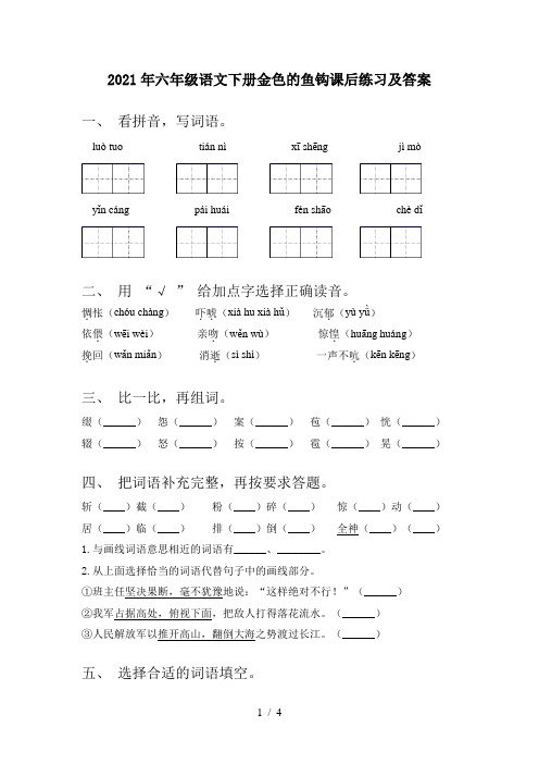 2021年六年级语文下册金色的鱼钩课后练习及答案