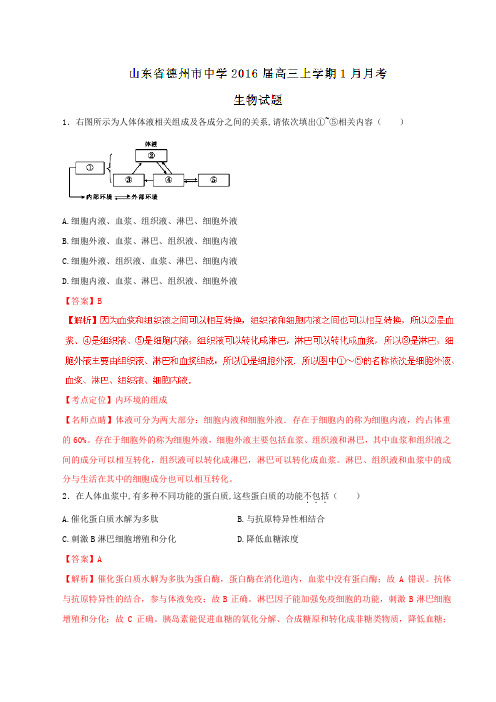 【全国百强校】山东省德州市中学2016届高三1月月考生物试题解析(解析版)