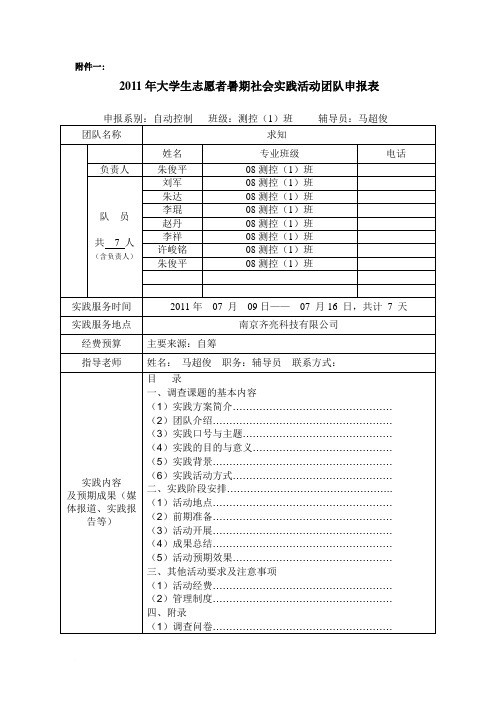 2011大学生志愿者暑期“三下乡”社会实践活动团队申报表