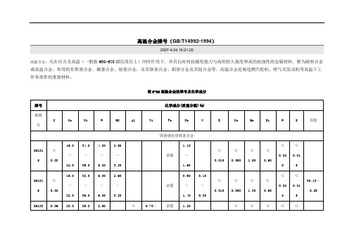 高温合金牌号及具体性能表