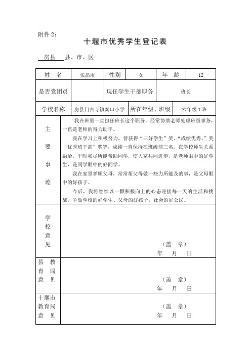 市级优秀学生登记表——张晶雨