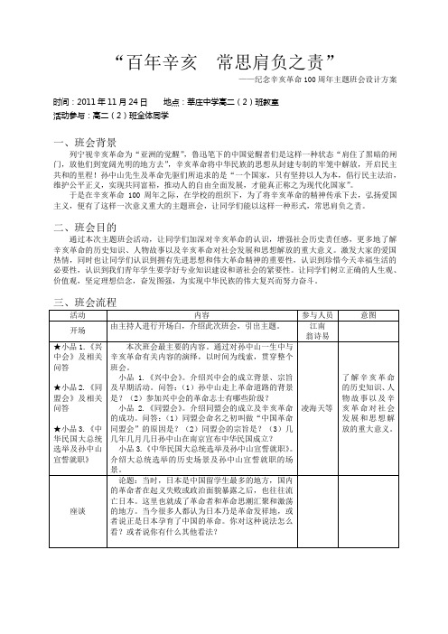 百年辛亥 常思肩负之责(高二(2)主题班会正式教案)