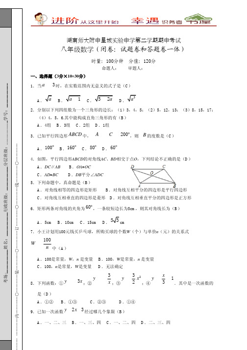 师大附中星城实验中学第二学期八年级数学期中考试含答案