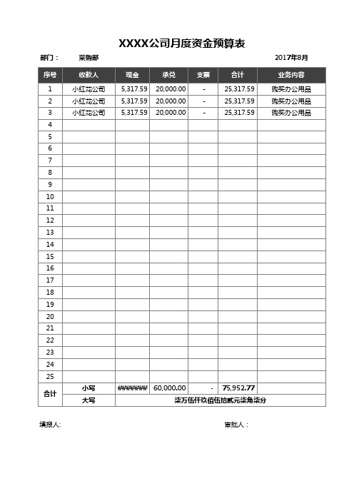 公司月度资金预算表格式