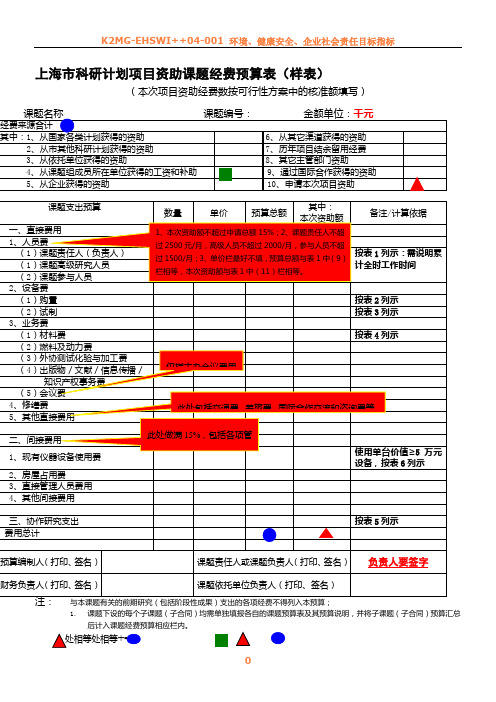 上海市科研计划项目资助课题经费预算表(样表)