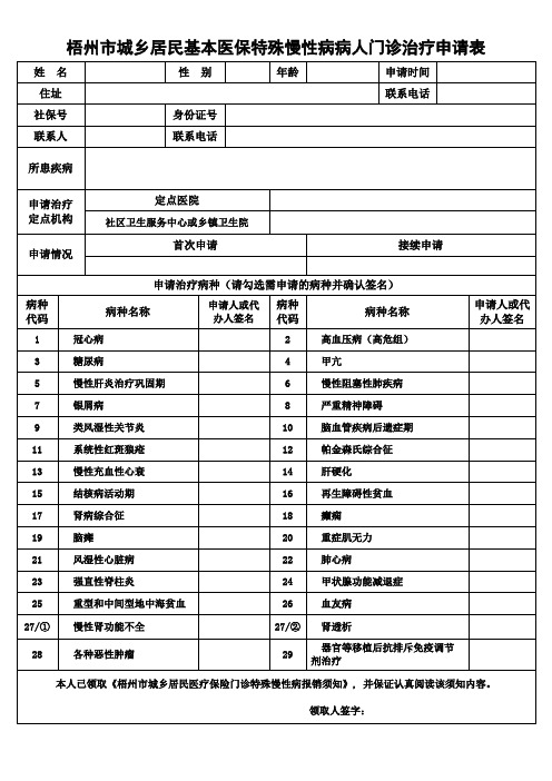 梧州城乡居民基本医保特殊慢性病病人门诊治疗申请表