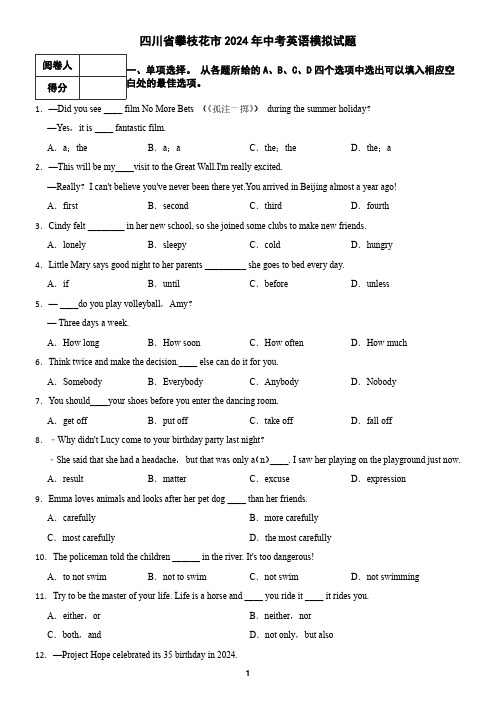 四川省攀枝花市2024年中考英语模拟试题(含答案)
