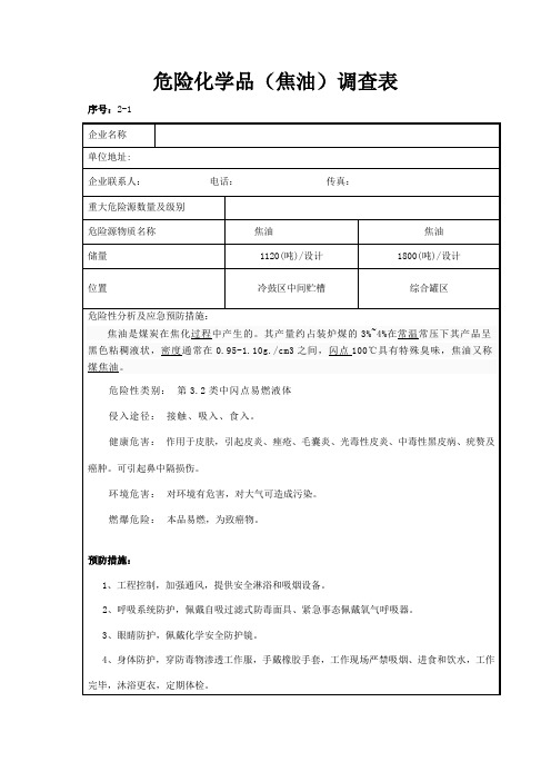 危险化学品(焦油)调查表