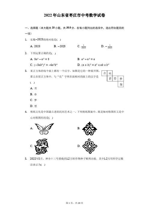 2022年山东省枣庄市中考数学试卷(带详解)