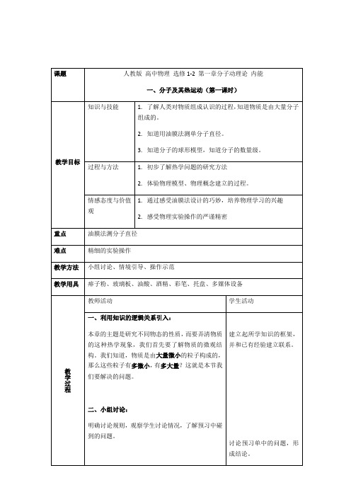 人教版高二物理选修1-2教案-1.1分子及其热运动