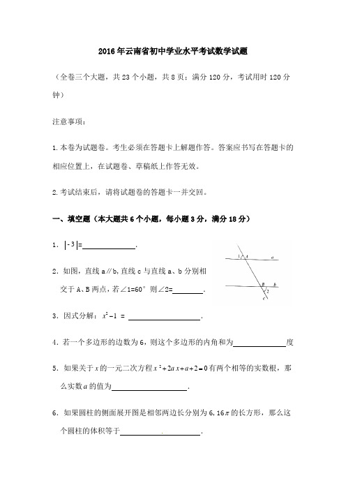 云南省初中学业水平考试数学试题及答案