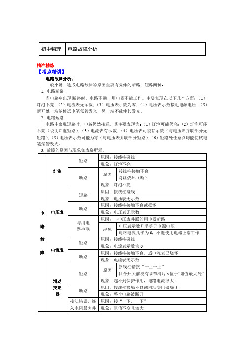 九年级物理上册知识讲义-15.电路故障分析-沪粤版