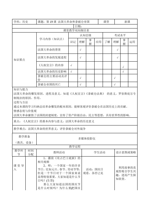 人教部编版九年级历史上册第19课 法国大革命和拿破仑帝国教学设计