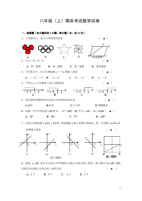 2012学年度南京树人八年级(上)期末考试数学试卷及答案