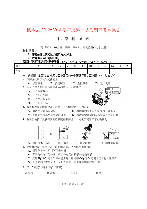 海南省陵水县2012-2013学年度九年级化学第一学期期末考试试卷