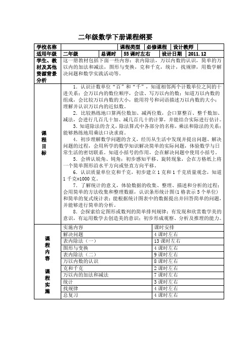 二年级数学下册课程纲要