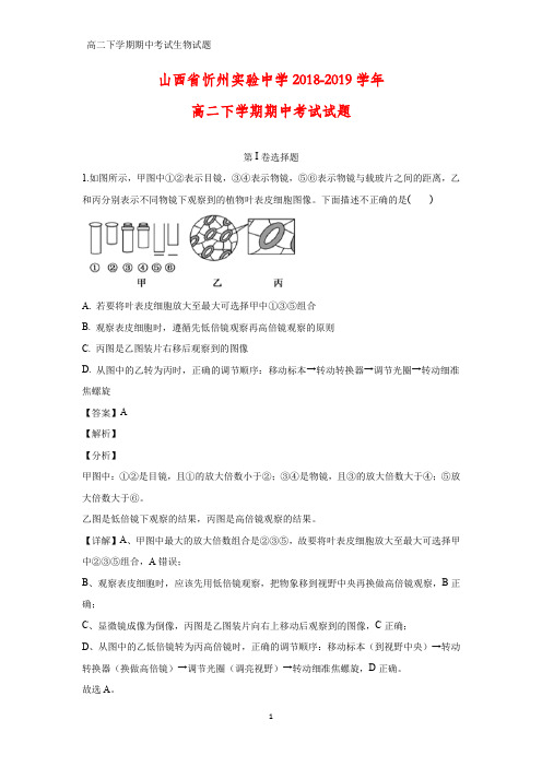 2018-2019学年山西省忻州实验中学高二下学期期中考试生物试题(解析版)