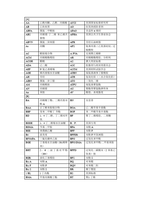 胶黏剂助剂常用英语缩写表