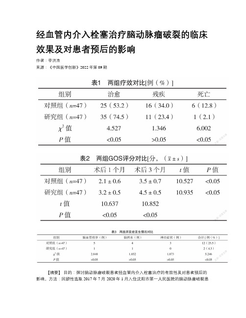 经血管内介入栓塞治疗脑动脉瘤破裂的临床效果及对患者预后的影响