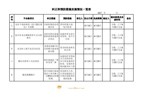 纠正和预防措施实施情况一览表