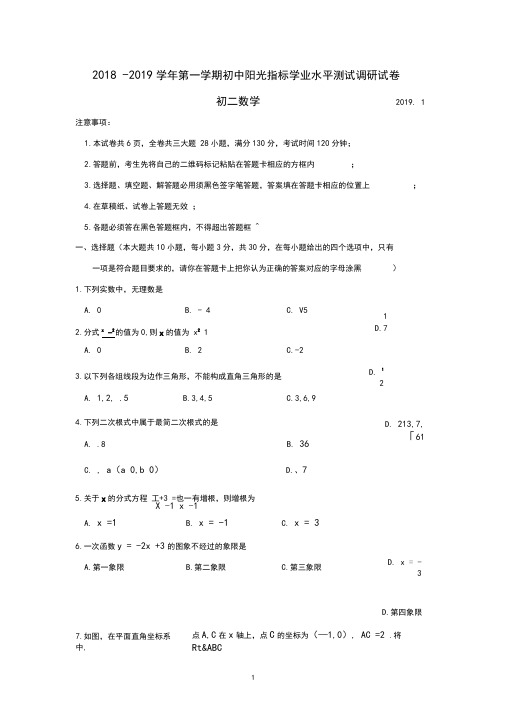 江苏省张家港市2018-2019学年八年级(上)初中阳光指标学业水平测试数学卷(含答案)