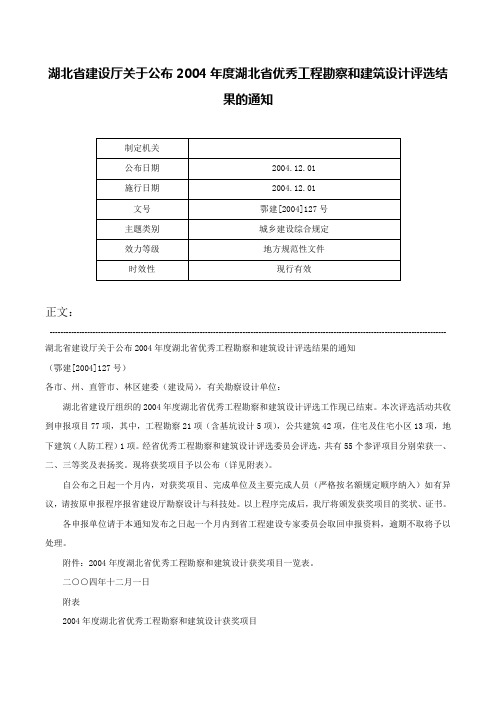 湖北省建设厅关于公布2004年度湖北省优秀工程勘察和建筑设计评选结果的通知-鄂建[2004]127号