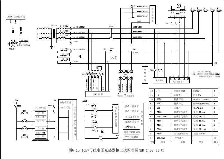 10kV母线电压互感器柜二次原理图(KB-1-D2-11-C)