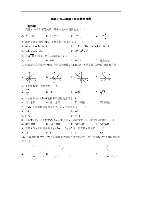 泰州市八年级期上册末数学试卷