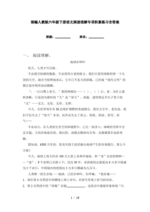 部编人教版六年级下册语文阅读理解专项积累练习含答案