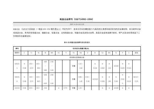 高温合金牌号及具体性能表